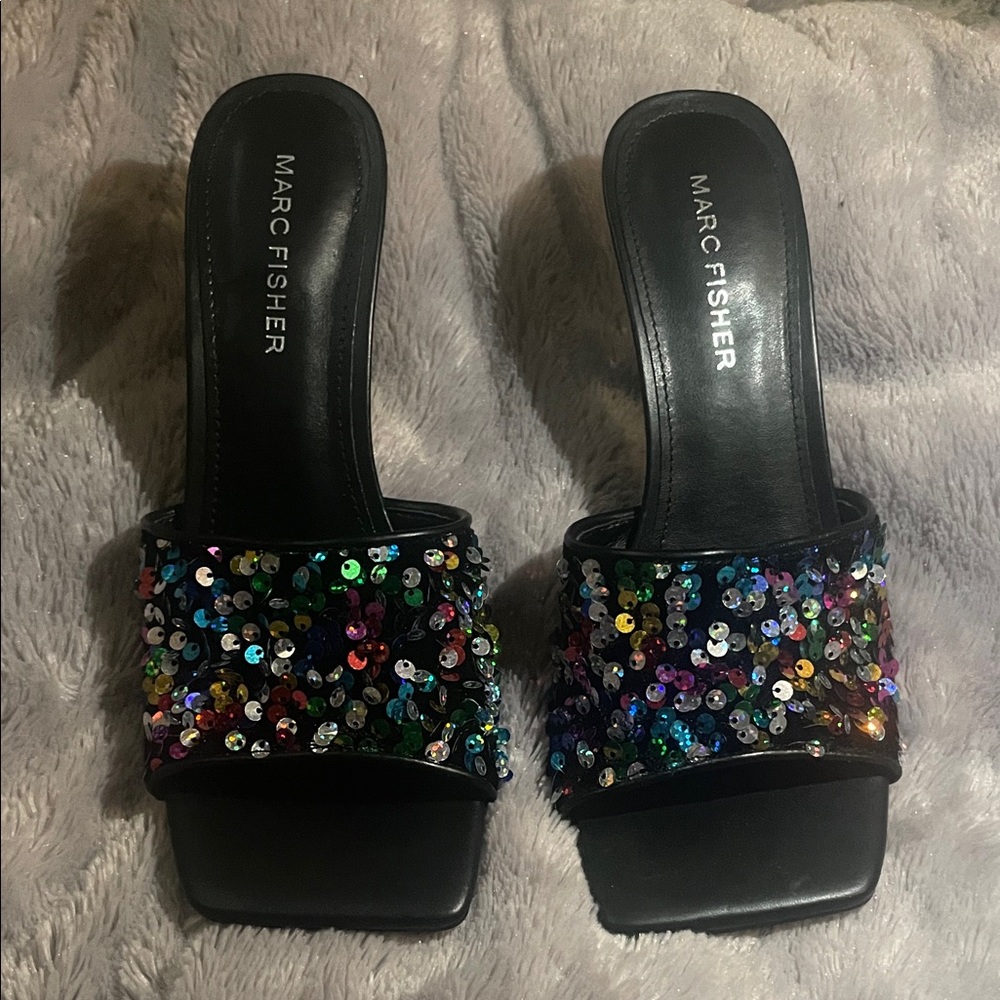 Marc Fisher Multicolor Sequin Black Mules
